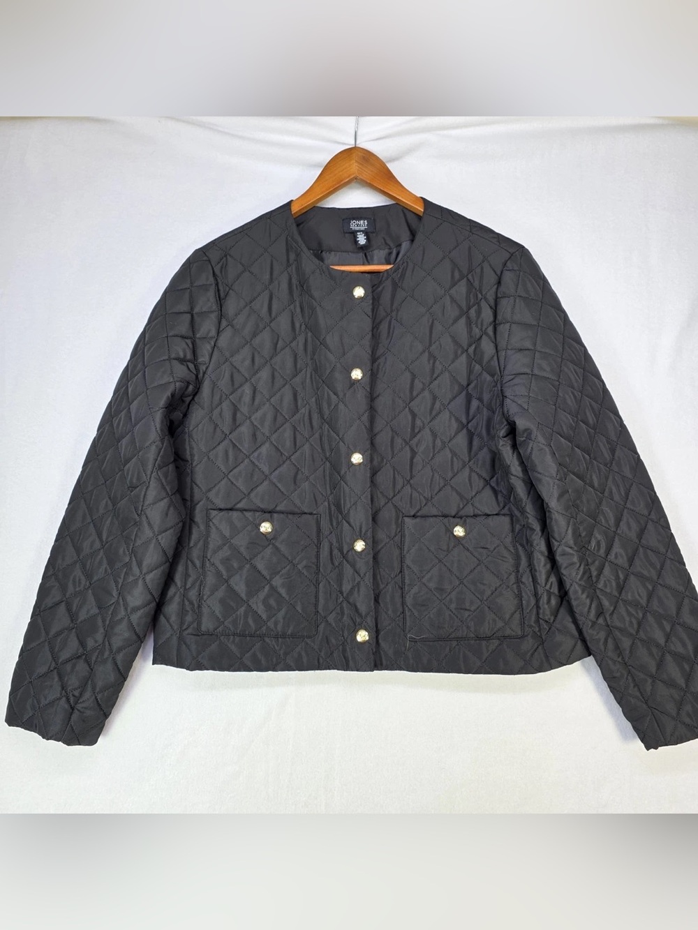 Jones New York Black Quilted Collarless Puffer Jacket with Gold Buttons